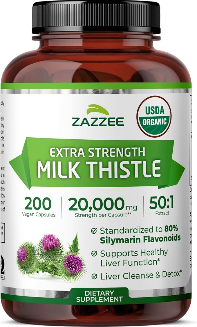 Zazzee USDA Organic Milk Thistle 50:1 Extract 80% Silymarin Flavonoids 200 Vegan Capsules 6+ Month Supply Silybum Marianum Liver Support &amp Detox Support Organic All-Natural Non-GMO Made in