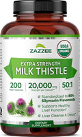 Zazzee USDA Organic Milk Thistle 50:1 Extract 80% Silymarin Flavonoids 200 Vegan Capsules 6+ Month Supply Silybum Marianum Liver Support &amp Detox Support Organic All-Natural Non-GMO Made in