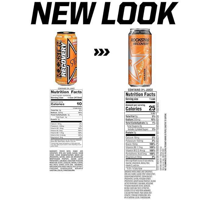 Rockstar Energy Drink Caffeine and Electrolytes (Packaging May Vary) Orange  Recovery Orange 16 Fl Oz (Pack of 24)
