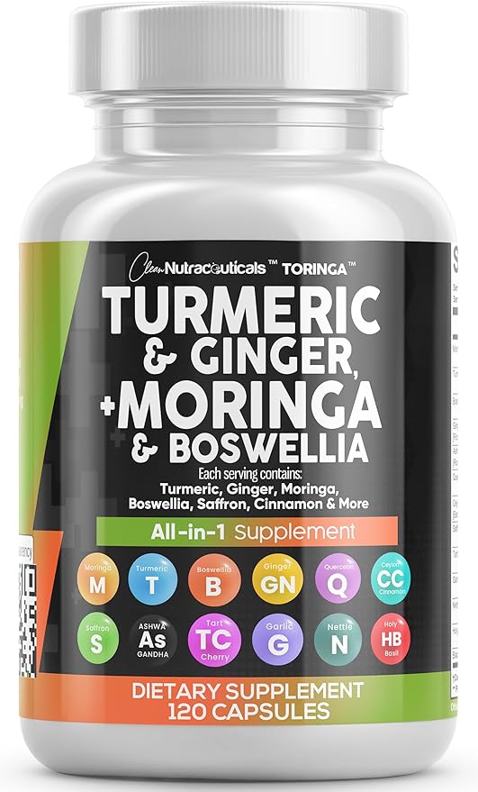 Clean Nutraceuticals Turmeric Moringa Supplement | Ginger Boswellia Saffron - Supplement for Women and Men with Ceylon Cinnamon Tart Cherry Quercetin Garlic Nettle Holy Basil - 1Pack