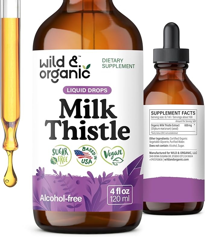 Wild &amp Organic Milk Thistle Liquid Drops - Liver Cleanse Detox - Silymarin Milk Thistle Supplement for Liver Support - Silybum Marianum Seed Extract Tincture - Vegan Sugar &amp Alcohol-Free - 4