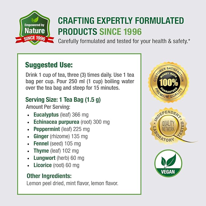 Bell Ezee Breathing Tea Bags Respiratory &amp Lung Support | Natural Herbal Blend with Peppermint Thyme Eucalyptus &amp More| Lab Tested Vegan Non-GMO Caffeine Free 20 Tea Bags - 2 Pack