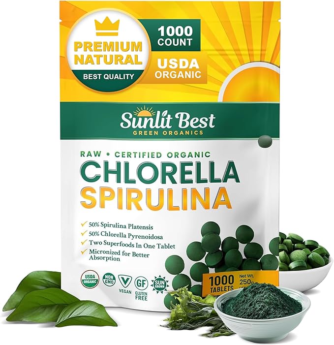 Sunlit Best Chlorella Spirulina Tablets - Organic USDA Premium Spirulina and Chlorella Tablets 1000 Count - Sun Chlorella Pure Natural Superfood with Algae Enzymes Chlorophyll &amp Vegan Protein