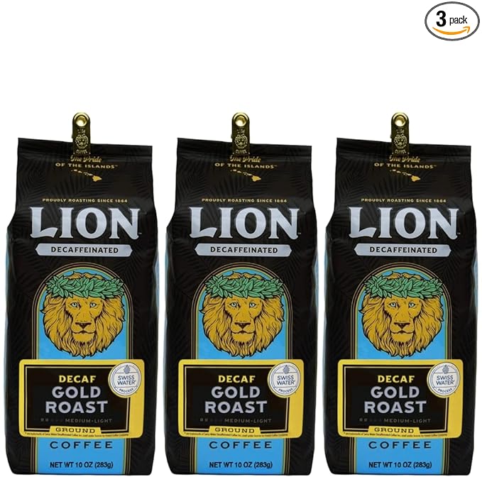 Lion Coffee Swiss Water DECAF Gold Roast Ground 10 Ounce Bag (Pack of Three)