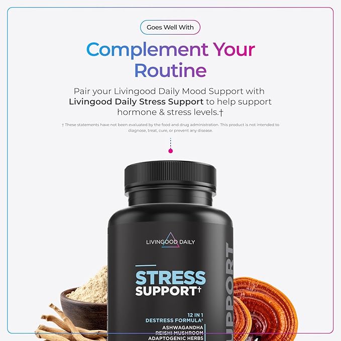 Livingood Daily Mood Support Supplement for Women &amp Men 14-in-1 Formula with L Theanine Lemon Balm GABA Saffron 5-HTP &amp B12 Supports Focus &amp Emotional Wellness Gluten Free Vegan 6