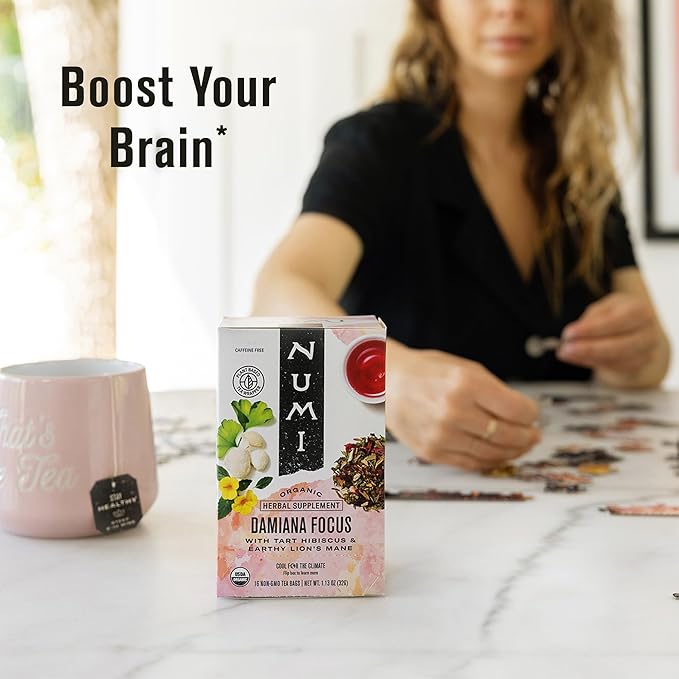 Numi Organic Damiana Focus Herbal Tea – 48 Herbal Tea Bags – Caffeine Free Blend with Damiana Ginkgo Lion’s Mane Hibiscus Mint &amp Licorice for Mental Clarity &amp Natural Energy