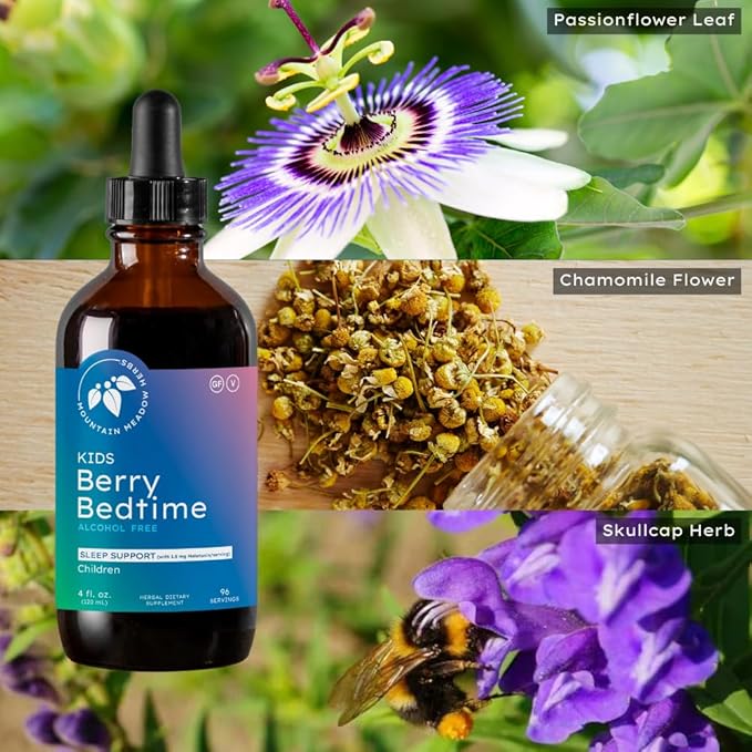 Mountain Meadow Herbs Berry Bedtime – Kids Sleep Support Drops with Melatonin Chamomile Lemon Balm &amp Passionflower - Natural Sleep Aid for Children – 4 oz