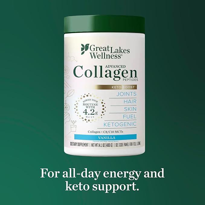 Great Lakes Wellness Keto Boost Advanced Collagen Peptides Powder with 4.2g MCTs - Vanilla Flavored - Nutritiously-Rich Non-Dairy Coffee Creamer or Smoothie Alt - Non-GMO Kosher - 14.1 oz