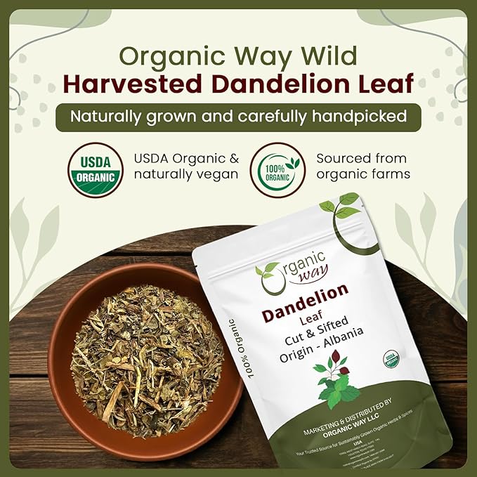 Organic Way Dandelion Leaf (Taraxacum Officinale) Cut &amp Sifted - Herbal Tea | European Wild-Harvest | Kosher &amp USDA Certified | Vegan Non-GMO &amp Gluten Free | 100% Raw from Albania (1LBS /