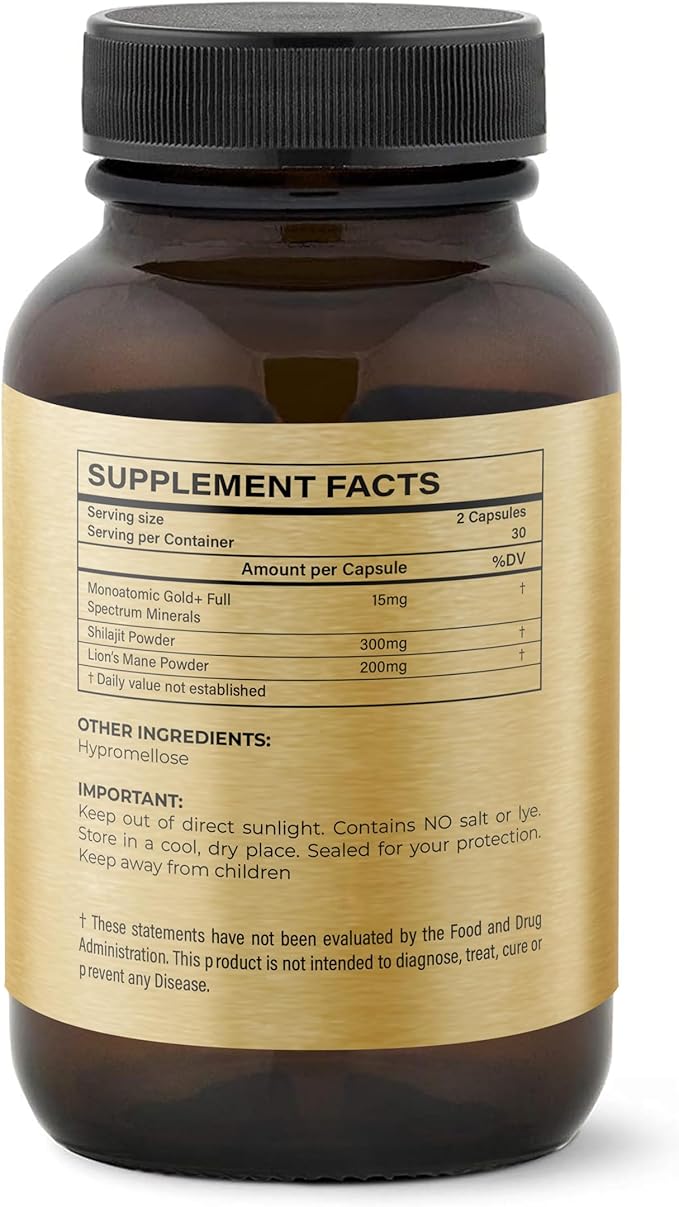 I Am Joy co. Ormus Shilajit Lion's Mane - Ultimate Brain Power! Monoatomic 24k Gold - The Only Blend of Its Kind for Energy Memory &amp Focus - 60 Vegan Capsules