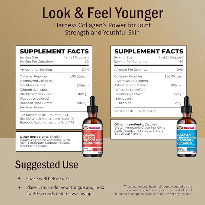 Collagen Mojo Liquid Collagen Peptides with Sea Moss Burdock Root &amp Bladderwrack + Liquid Collagen Peptides with Ashwagandha Elderberry &amp L-Theanine
