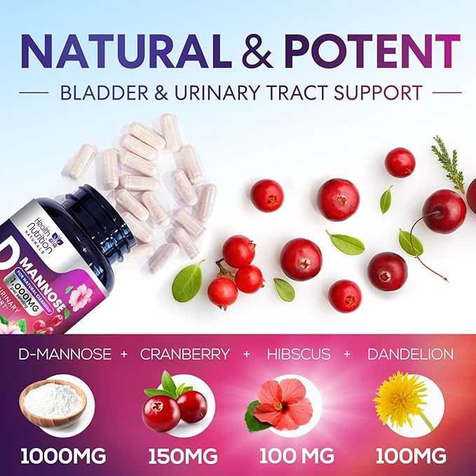 D-Mannose Supplement - 1000mg D Mannose Per Serving with Cranberry Hibiscus &amp Dandelion - Fast-Acting Natural Urinary &amp Bladder Support for Women &amp Men – Flush &amp Cleanse Impurities