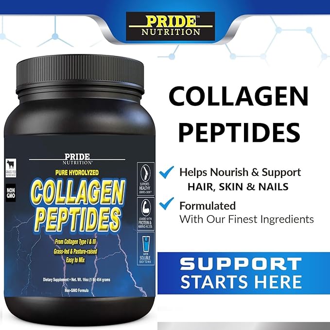 Pride Nutrition Collagen Peptides Powder Naturally-Sourced Hydrolyzed Collagen Powder - Healthy Hair Skin and Nail Support - Type I &amp III Grass-Fed Collagen Supplements for Women and Men - 16oz