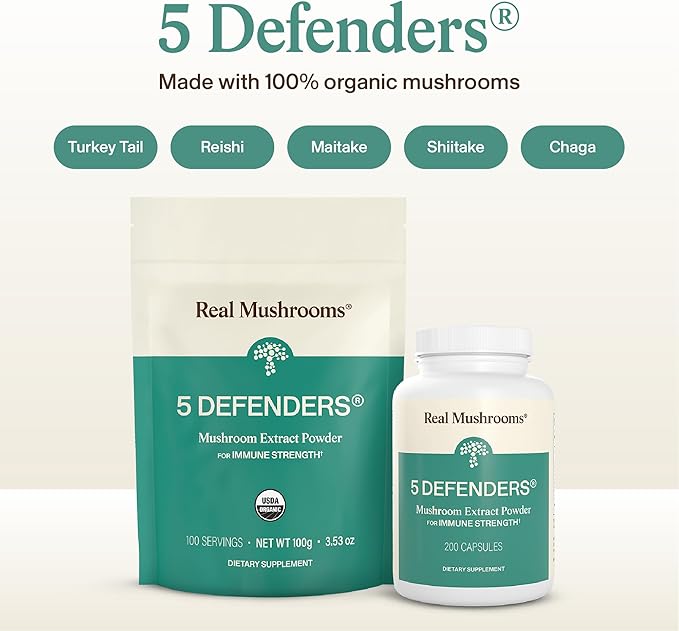 Real Mushrooms 5 Defenders Mushroom Complex – Organic Adaptogenic Mushroom Blend with Chaga Reishi Turkey Tail Maitake &amp Shiitake for Wellness Support - Mushroom Beta Glucan Capsules - 200 Coun