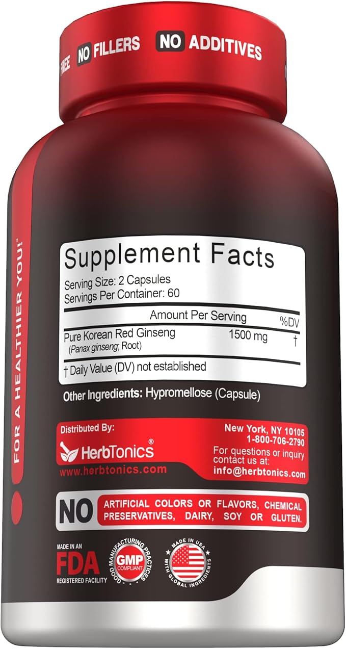 Herbtonics Korean Red Panax Ginseng 1500mg - Energy Supplement for Peak Performance Focus &amp Vitality - High Potency Ginseng Root Extract - 120 Vegan Capsules