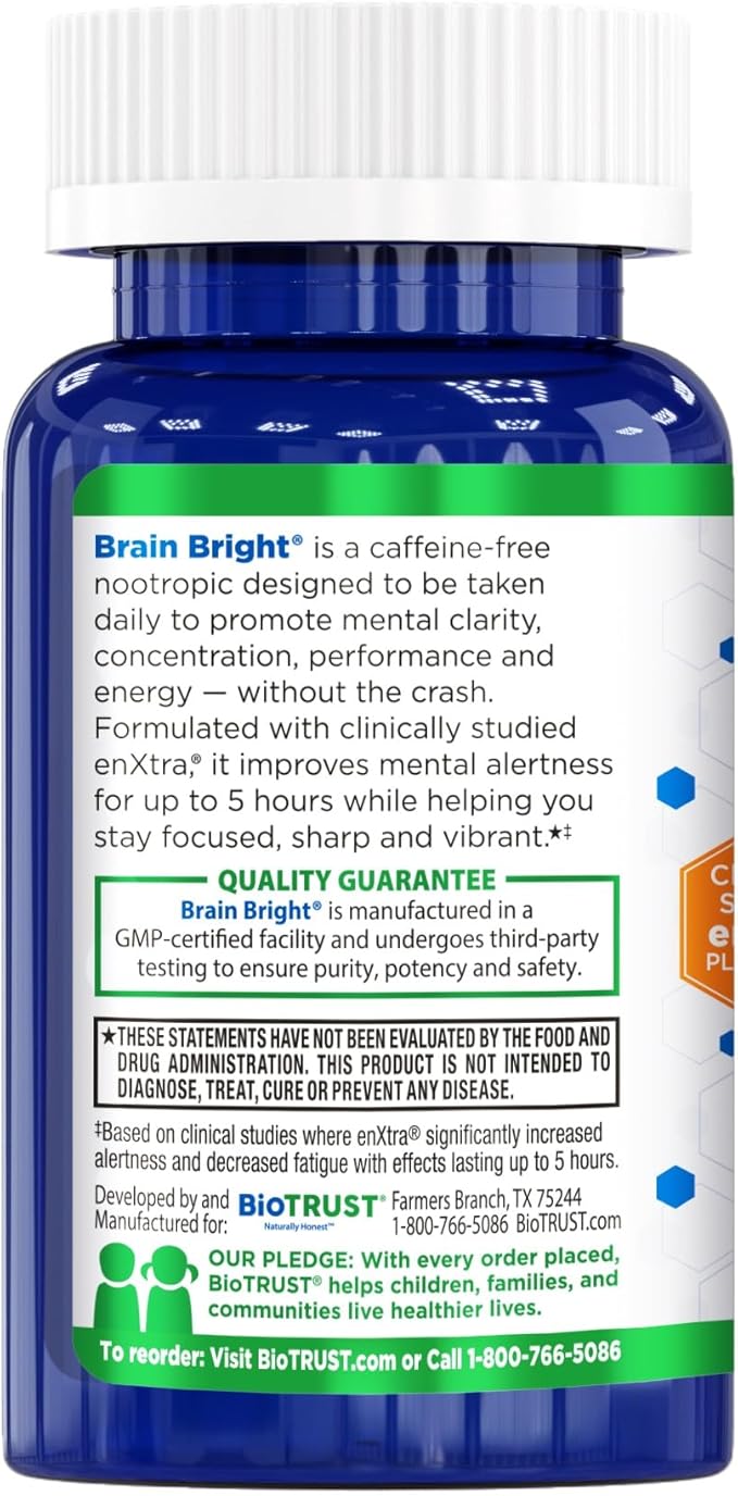BioTrust Brain Bright – Daily Nootropic Boost for Focus Concentration Mental Clarity – Caffeine Free Nootropics Brain Support Supplement – Thai Ginger Ginkgo Folate L-Theanine – 30 Servings