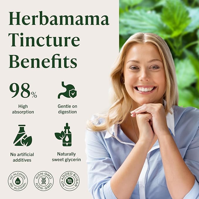 HERBAMAMA Stinging Nettle Tincture - Vegan Urinary Tract Support with Stinging Nettle Root Extract - Non-GMO Alcohol &amp Sugar-Free Urtica Dioica Supplement - 42-Day Supply