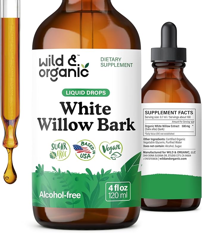 Wild &amp Organic White Willow Bark Tincture - Liquid Supplement for Overall Support - Alcohol &amp Sugar-Free White Willow Extract Drops - Salix Alba Bark - Vegan No Additives - 4 fl oz