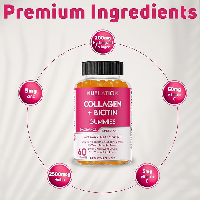 200mg Hydrolyzed Gummy Collagen for Women &amp Men. 2500mcg Biotin Gummies with 5mg Vitamin E 50mg Vitamin C &amp 5mg Zinc. Gluten-Free Non-GMO Keto Friendly Adult Biotin and Collagen Vitamins