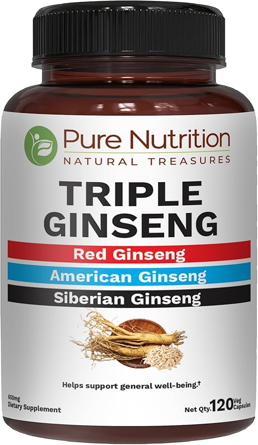 Pure Nutrition Triple Ginseng 650mg | 120 Caps | Complex for Men and Women | Highly Effective Combination of Red American and Siberian Ginseng. Non GMO