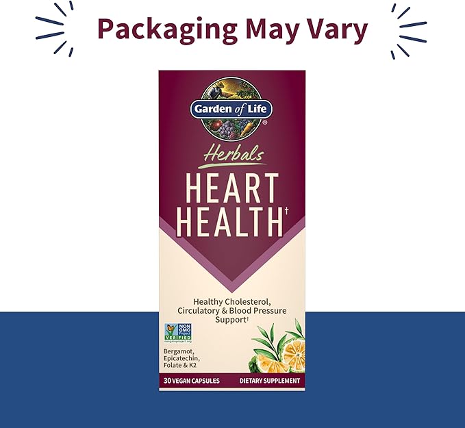 Garden of Life Herbals Heart Health Supplement with Folate Bergamot Green Tea &amp Vitamin E &amp K for Cholesterol Circulatory &amp Blood Pressure Support Non-GMO Gluten-Free Citrus Flavor