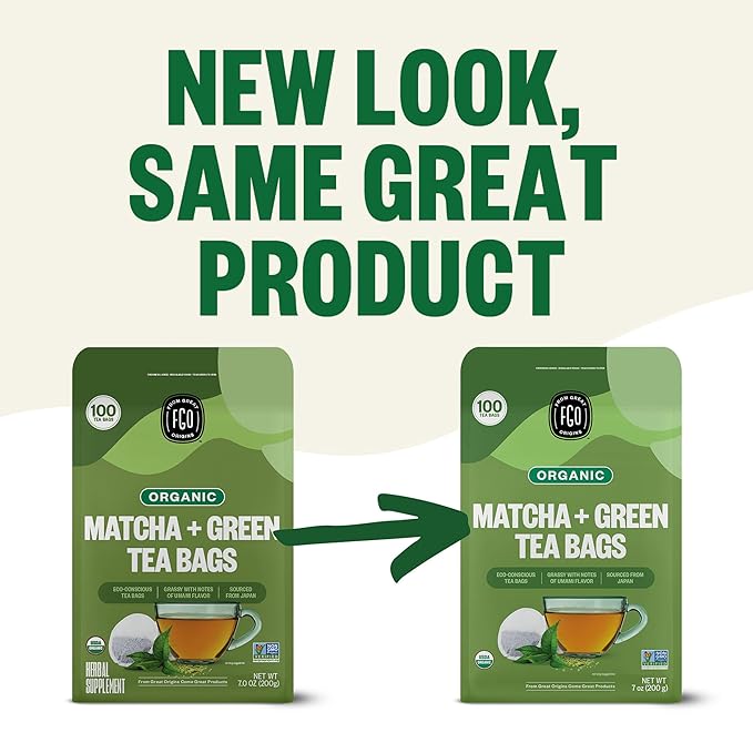 FGO Organic Japanese Matcha + Green Tea 100 Count Eco-Conscious Tea Bags Resealable Bag Packaging May Vary (Pack of 1)