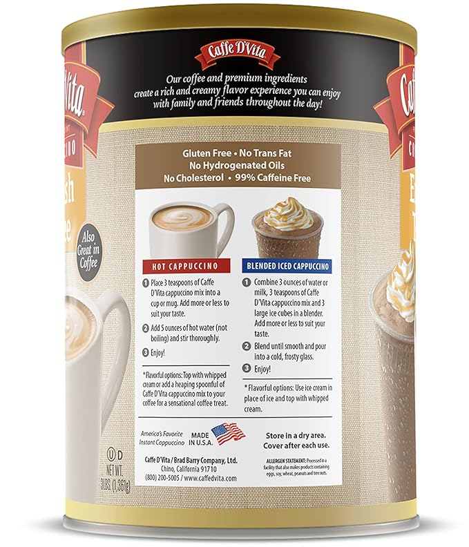 Caffe D'Vita English Toffee Cappuccino Mix - Instant Cappuccino Mix Gluten Free No Cholesterol No Hydrogenated Oils No Trans Fat 99% Caffeine Free Flavored Instant Coffee - 3 Lb Can
