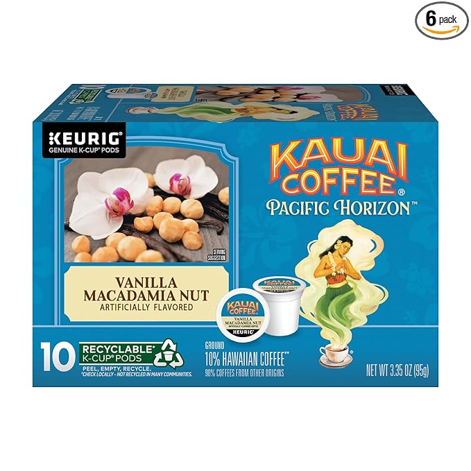 Kauai Coffee K-Cup Pods for Keurig Brewers – Arabica Coffee 10% Hawaiian – Medium Roast Vanilla Beans with Toasted Macabamia Nuts – Vanilla Macadamia Nut 6 Packs of 10 Single Serve K-Cups
