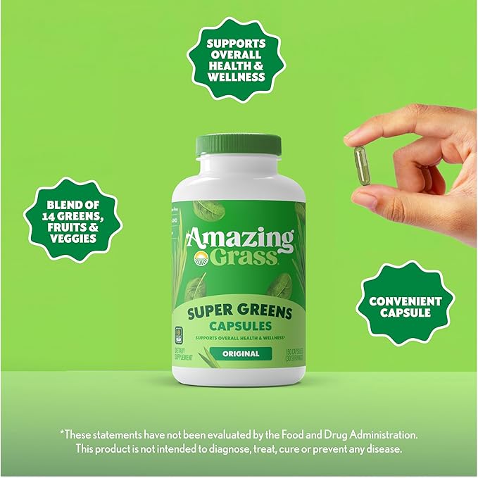 Amazing Grass Greens Blend Superfood Capsules: Super Greens with Organic Spirulina Chlorella Beet Root Powder Digestive Enzymes &amp Probiotics 150 Capsules (Packaging May Vary)