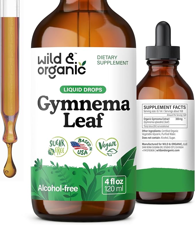 Wild &amp Organic Gymnema Sylvestre Extract Drops - Sugar-Free Gymnema Sylvestre Supplements - Gurmar Powder Based Tincture - Vegan Alcohol-Free Leaf Liquid Drops - 4 fl oz
