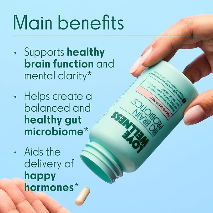 Love Wellness Big Brain Probiotics | Nootropics Brain Support Supplement | Brain Supplements for Memory and Focus | Promotes Mental Clarity &amp Mood | Organic Reishi Chaga &amp Lions Mane | 30 Co