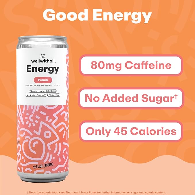 WellWithAll Peach Energy Drink – Caffeine from Tea – With Vitamin C – Lightly Sparkling Beverage – Fruit &amp Veggie Juice Blend – 12 Oz (Pack of 12)