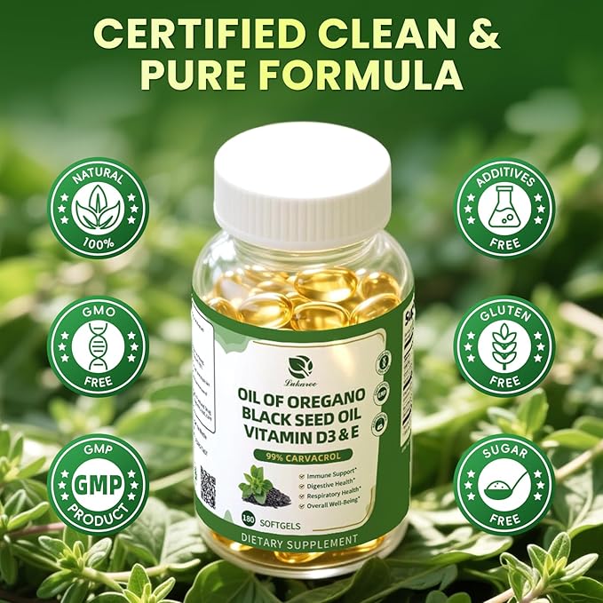 Organic Oregano Oil Capsules with Black Seed Oil Ultra-Concentrated 99% Carvacrol 5-in-1 with Vitamin D3 E Black Pepper Immune Respiratory Digestive &amp Antioxidant* 180 Softgels Easy to Swal