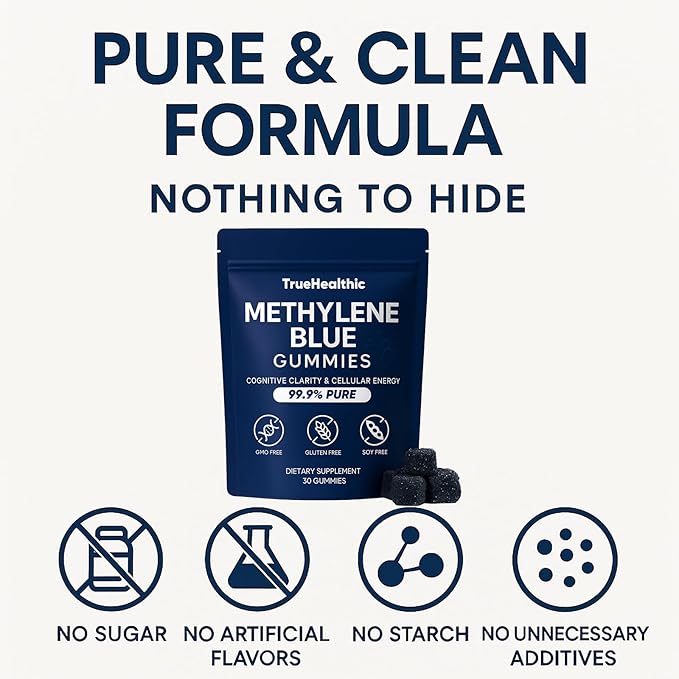 Methylene Blue Gummies - 99.9% Pure 5mg per Gummy Supports Sustained Energy Mental Clarity Reduces Brain Fog &amp Improves Focus Mood Enhancement - 30 Gummies (1)
