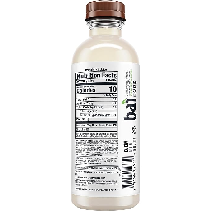 Bai Antioxidant Infused Water Beverage Molokai Coconut with Vitamin C and No Artificial Sweeteners 18 Fluid Ounce Bottle 12 Pack