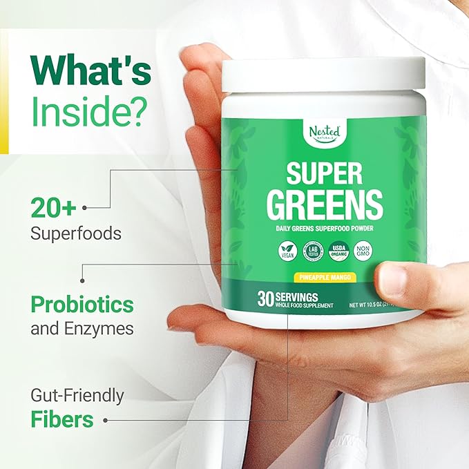 Nested Naturals Super Greens Daily Superfood Powder - Certified USDA Organic Green Powder w/Whole Foods Spirulina Wheat &amp Barley Grass - Probiotics Fiber &amp Enzymes - Pineapple Mango 30 Ser