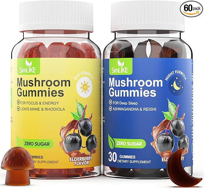Mushroom Gummies Supplement for Sleep and Energy with Ashwagandha &amp Lion's Mane Day &amp Night RoutineElderberry Flavor No Sugar (30-Day Supply)