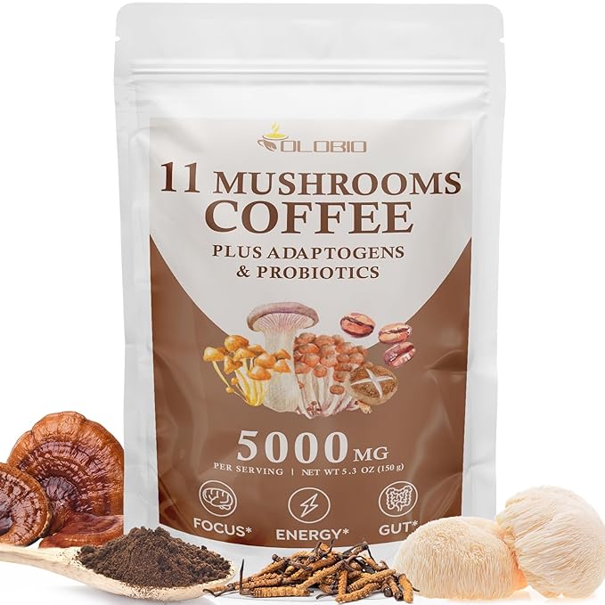 Mushroom Coffee 11 Organic Mushrooms Plus Adaptogens &amp Probiotics with Lion's Mane Chaga Reishi Cordyceps Complex Instant Coffee for Focus Energy Gut Digestion Immunity - 5.3oz