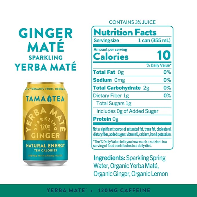 Organic Sparkling Ginger Yerba Mate Tea Unsweetened by Tama Tea - Sugar Free Energy Drink Alternative 120mg Natural Caffeine 12 oz (12-Pack)