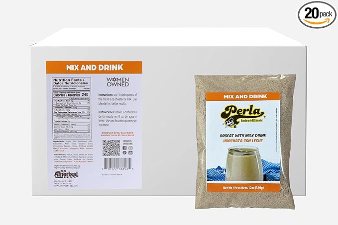 Perla Orgeat with Milk Drink Mix (Horchata con Leche) Authentic Salvadoran Drink Ready in Minutes - Made in El Salvador (Case of 20)