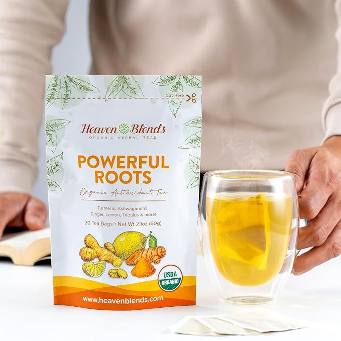Heaven Blends Powerful Roots Organic Herbal Tea – Antioxidant Blend with Turmeric Ginger Ashwagandha Cinnamon Black Pepper &amp Tribulus Fruit – 30 Caffeine-Free Tea Bags – USDA Organic