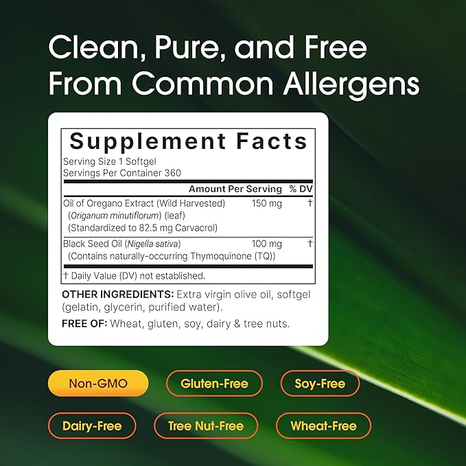 NatureBell Oil of Oregano with Black Seed Oil - 360 Softgels - 2-in-1 Herbal Complex for Immune Health* - Includes Carvacrol Thymoquinone &amp Extra Virgin Olive Oil - Non-GMO