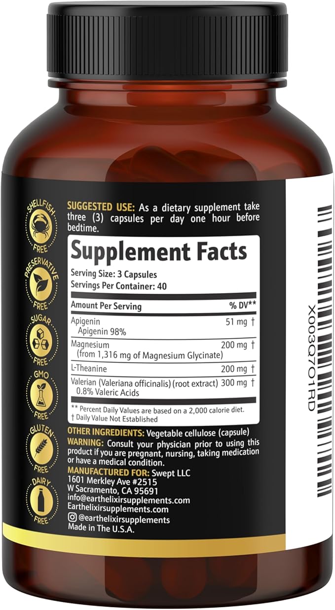 Earth Elixir 4-in-1 Sleep Aid (120 Caps) w/Apigenin 50mg Magnesium Glycinate 200mg L Theanine 200mg &amp Valerian Root for Sleep Aid 300mg | Apigenin Supplement for Sleep | Sleeping Pills
