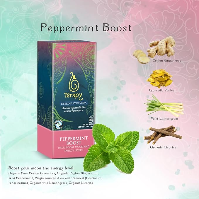 TERAPY Ceylon Peppermint Tea - Boosts Well-being &amp Energy Levels 100% Pure Peppermint Tea Bags Low Caffeine Refreshing Herbal Flavor 20 Individually Wrapped Unbleached Bags for Freshness (2 Pa