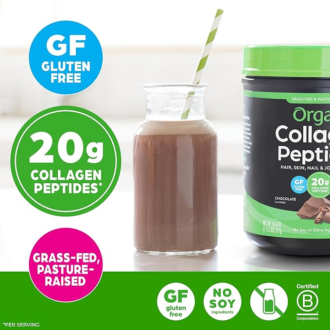 Orgain Hydrolyzed Collagen Peptides Powder For Women &amp Men Chocolate 20g Grass Fed Collagen - Hair Skin Nail &amp Joint Support Supplement Paleo &amp Keto Non-GMO Type I and III 1lb