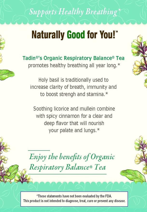 Tadin Organic Respiratory Tea Caffeine Free Herbal Tea for Respiratory Support 20 Tea Bags Per Box Pack of 6
