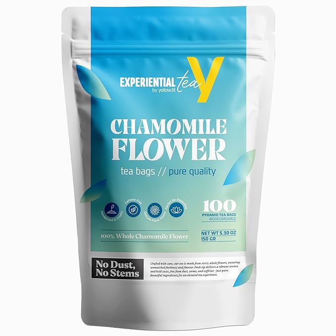 Yellow.fit Chamomile Herbal Tea Bags – 1500mg Loose Leaf Tea Bags Caffeine-Free Herbal Tea Made with Whole Chamomile Flowers Plant-Based Tea Bags 100 Count