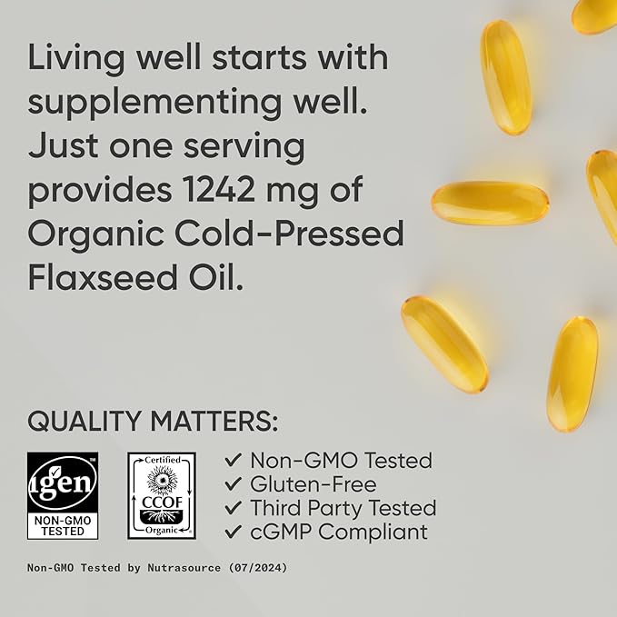 Sports Research Organic Flaxseed Oil Softgels 1242mg - Plant Based Omega 3 Supplement with 720mg ALA for Women &amp Men - Non-GMO Soy &amp Gluten Free (200 Count)