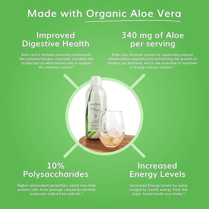 Univera Aloe Vera Juice Preminum Organic Aloe Vera 10% Polysaccharide Retention Digestive Enzymes for Gut Health Immune Support &amp Gut Health Aloe Flavor - 30 Days Supply (33 fl oz)