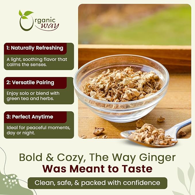 Organic Way Ginger Root Cut &amp Sifted (Zingiber officinale) - Herbal Tea | Kosher &amp USDA Certified | Vegan Non-GMO &amp Gluten Free | Tested for Heavy Metal and Purity | 100% Raw from India (